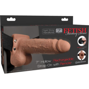 Pipedream Fetish Fantasy Series 7 Inch Hollow Rechargeable Vibrating Strap On with Remote Medium Tan Flesh PD 3391 22 603912759235 Boxview