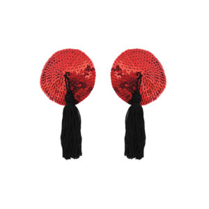love in leather round sequin nipple pasties with fabric tassels Red Black NIP001RED 1491600118544 Detail.jpg
