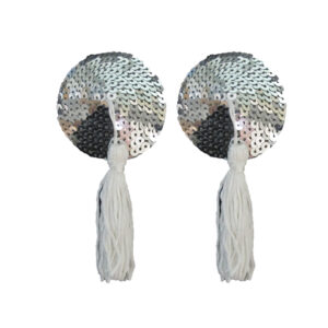 love in leather round sequin nipple pasties with fabric tassels Silver White NIP001SIL 1491600119916 Detail.jpg