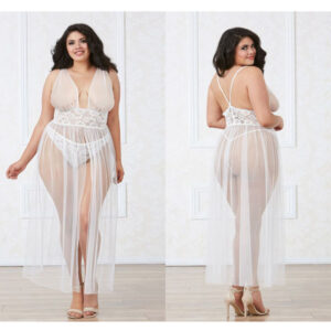 Dreamgirl Sheer Mesh Stretch Lace Gown with G string Queen White DG11849WHTOSX 888368295098 Multiview