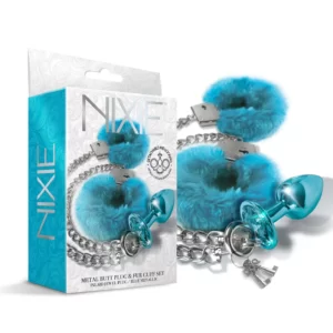 Global Novelties NIXIE Metal Jewel Plug and Furry Cuffs Set Blue 1000321 850010096940 Multiview.webp