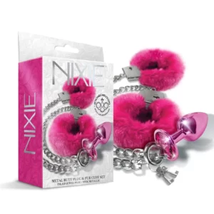Global Novelties NIXIE Metal Jewel Plug and Furry Cuffs Set Pink 1000323 850010096964 Multiview.webp