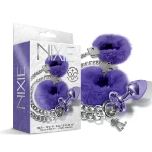 Global Novelties NIXIE Metal Jewel Plug and Furry Cuffs Set Purple 1000322 850010096957 Multiview.webp