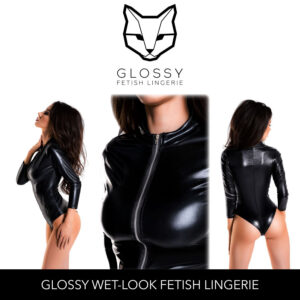 Glossy Fetish Lingerie Alessia Wetlook Long Sleeve Bodysuit With Zipper Front Black 955024
