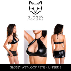 Glossy Fetish Lingerie Brianna Wetlook Halter Bra and Skirt Set Black 955027