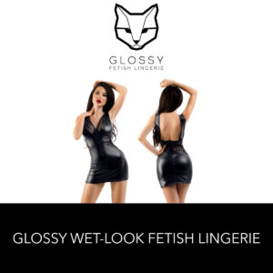 Glossy Fetish Lingerie Celestina Wetlook Sleeveless Mini Dress With Lace Panels Front and Back Black 955037