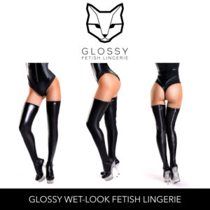 Glossy Fetish Lingerie Connie Wetlook Thigh High Stockings with Zipper Back Black 955025