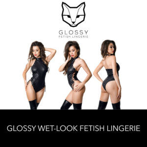 Glossy Fetish Lingerie Eileen Wetlook Halter Neck Bodysuit With Corset Lace Sides and Stud Details Black 955042