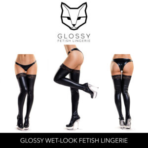 Glossy Fetish Lingerie Eliza Wetlook Thigh High Stockings with Lace Top Black 955012