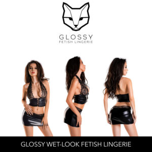 Glossy Fetish Lingerie Gigi Wetlook Corset Halter Top and Skirt with Lace Set Black 955028