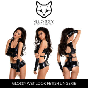 Glossy Fetish Lingerie Halle Wetlook Crop Top With Straps Gauntlets and Mini Shorts Black 955016