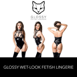 Glossy Fetish Lingerie Jodi Wetlook Halter Strappy Bodysuit With Sheer Mesh Bust and Front Zip Closure Black 955046