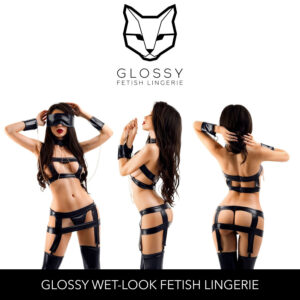 Glossy Fetish Lingerie Karlie Wetlook Strappy Set with Top Skirt Panty Blindfold Choker Collar Cuffs Black 955033