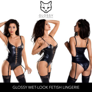 Glossy Fetish Lingerie Katherin Wetlook Lace Up Bodysuit with Stud Details Black 955019