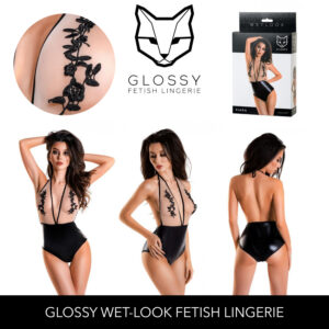 Glossy Fetish Lingerie Kiara Wetlook Halter Bodysuit With Embroidered Nude Sheer Panel Black Nude 955026