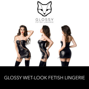 Glossy Fetish Lingerie Lillie Wetlook Strapless Dress with Diagonal Corsetry Black 955040