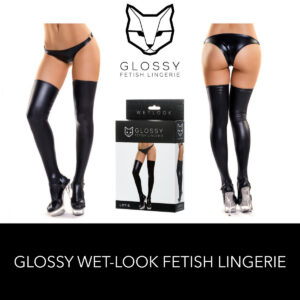 Glossy Fetish Lingerie Lotis Wetlook Thigh High Stockings Black 955011
