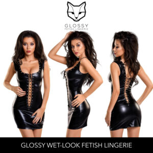 Glossy Fetish Lingerie Michelle Wetlook Dress With Studs And Corset Front and Back Black 955015