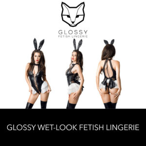 Glossy Fetish Lingerie Stacy Wetlook Bodysuit With Tulle Trim Bunny Ears Headband and Fluffy Ponytail At Back Black 955044