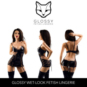 Glossy Fetish Lingerie Tyra Wetlook Gartered Dress With Lace Trim Black 955030