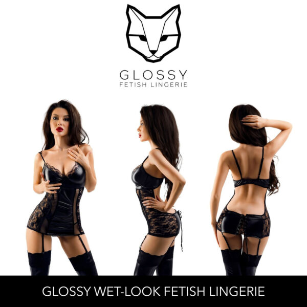 Glossy Fetish Lingerie Tyra Wetlook Gartered Dress With Lace Trim Black 955030