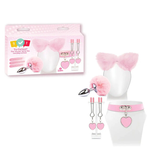 Icon Brands Try Curious Kitty Kit Cat Ears Headband Anal Plug Collar Nipple Clamps Pink IC8016 847841080163 Multiview.jpg