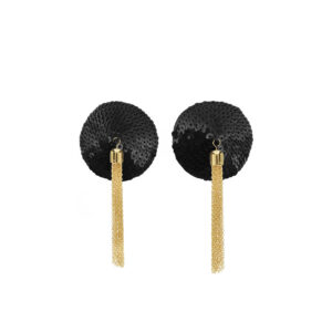 love in leather Round Sequinned Nipple Pasties with Gold Chain Black Gold NIP033BLK 1491603321217 Detail.jpg