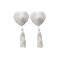 Love in Leather – Heart-Shaped Sequin Nipple Pasties with Tassels (White/White)